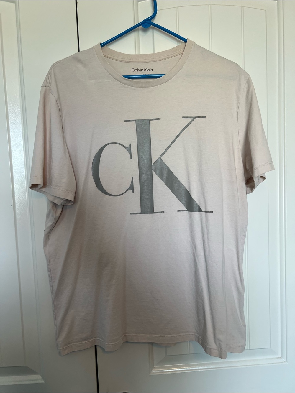Calvin Klein Men’s CK Logo Tee in Pale Beige with Gray Logo